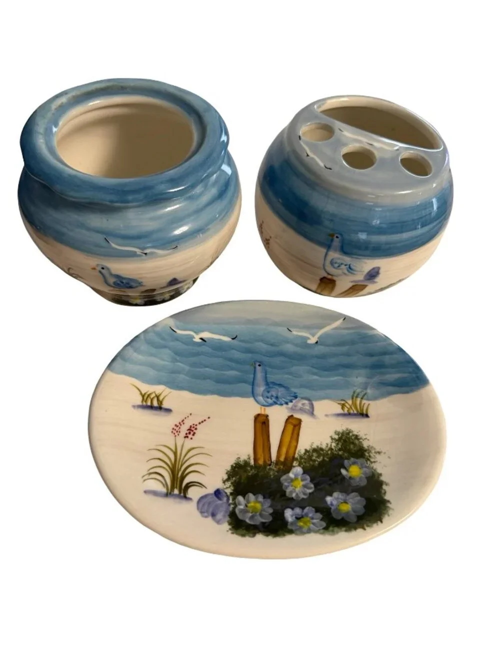 Vintage Coastal Ceramic Bathroom Set Seagull Toothbrush Holder Vanity Tray Blue